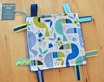 6-inch Blue Tropical Toucans Baby Crinkle Square / Sensory Toy with Ribbon Tags and Loop