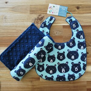 Baby Boy Gift Set - Teddy and the Bears in Aqua - Cotton & Minky Bib and Burp Cloth