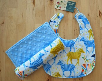 Baby Boy Gift Set - Safari Zebra Origami - Cotton & Minky Bib and Burp Cloth - Origami Oasis Collection