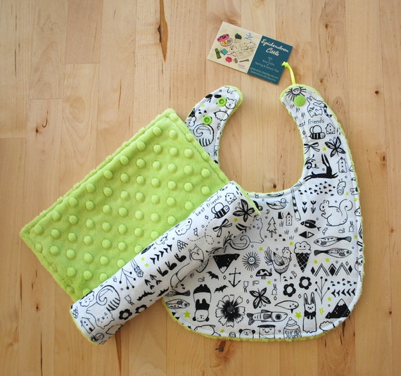 Gender Neutral Baby Gift Set - Black and White Doodles - Cotton & Minky Bib and Burp Cloth - Sleep Tight Collection