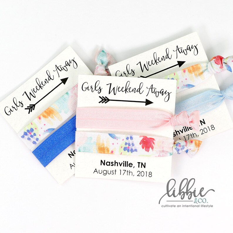 Girls Weekend Favor Personalized GIRLS WEEKEND AWAY Hair Tie Favors with White Card Birthday Favor