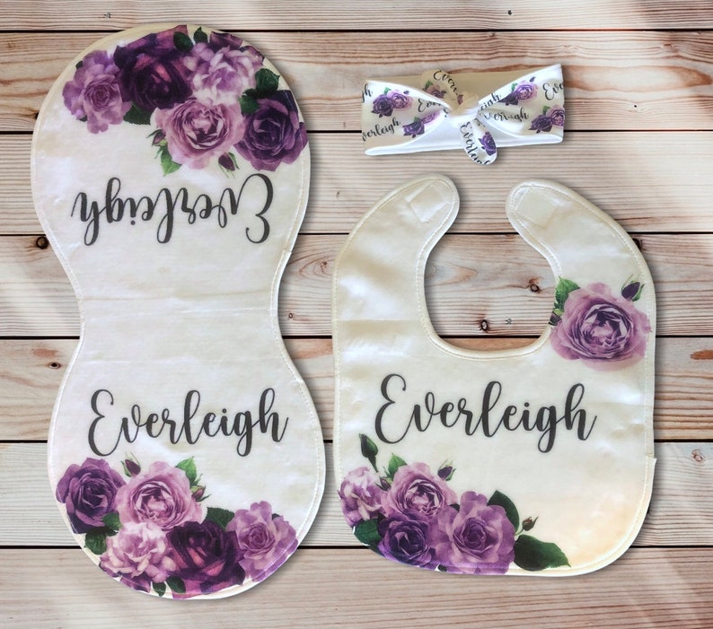 Hat New Baby Personalized Baby Girl Purple Rose Bib And Burp Cloth Baby Shower Gift