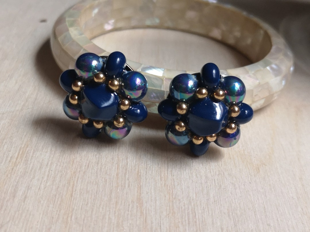Art Deco Blue Gemstone Flower Clip Earrings Second Hand Montreal