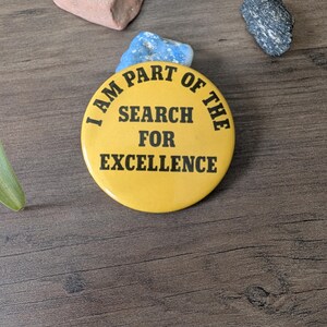 Puede incluir: Un botón amarillo con texto negro que dice "I AM PART OF THE SEARCH FOR EXCELLENCE". El botón redondo está sobre una superficie de madera, rodeado de pequeñas rocas de varios colores y formas.