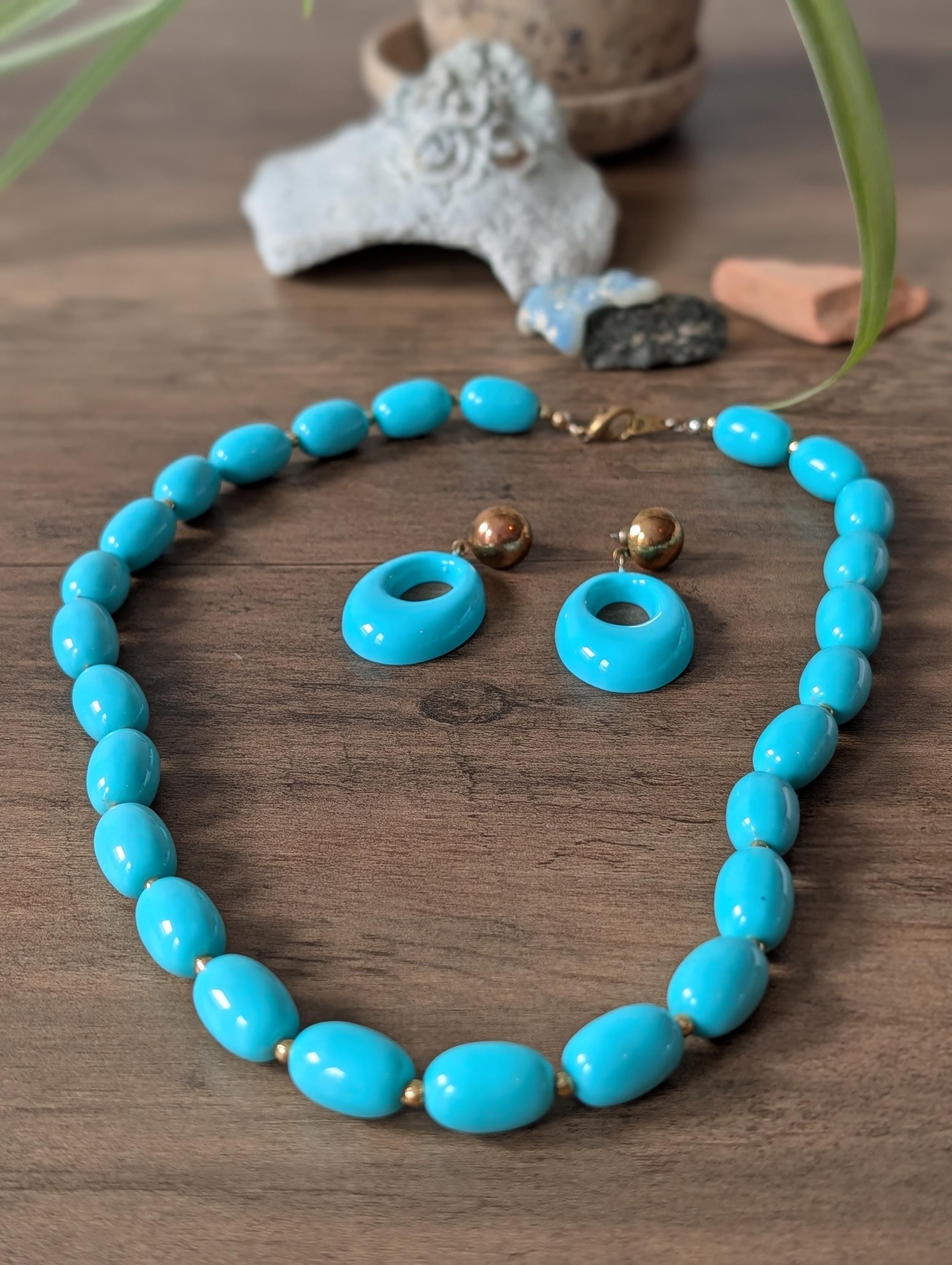 アクセサリー VINTAGE Turquoise Necklace Vintage Turquoise Jewelry Set 1980s Cyan Plastic Bead Necklace