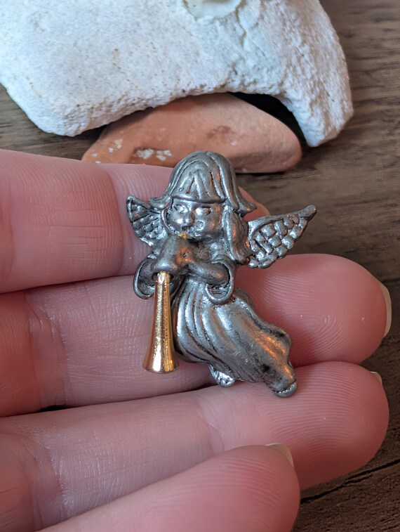 Vintage guardian angel lapel pin pewter gold trumpet messenger cherub brooch spiritual protection faith gift