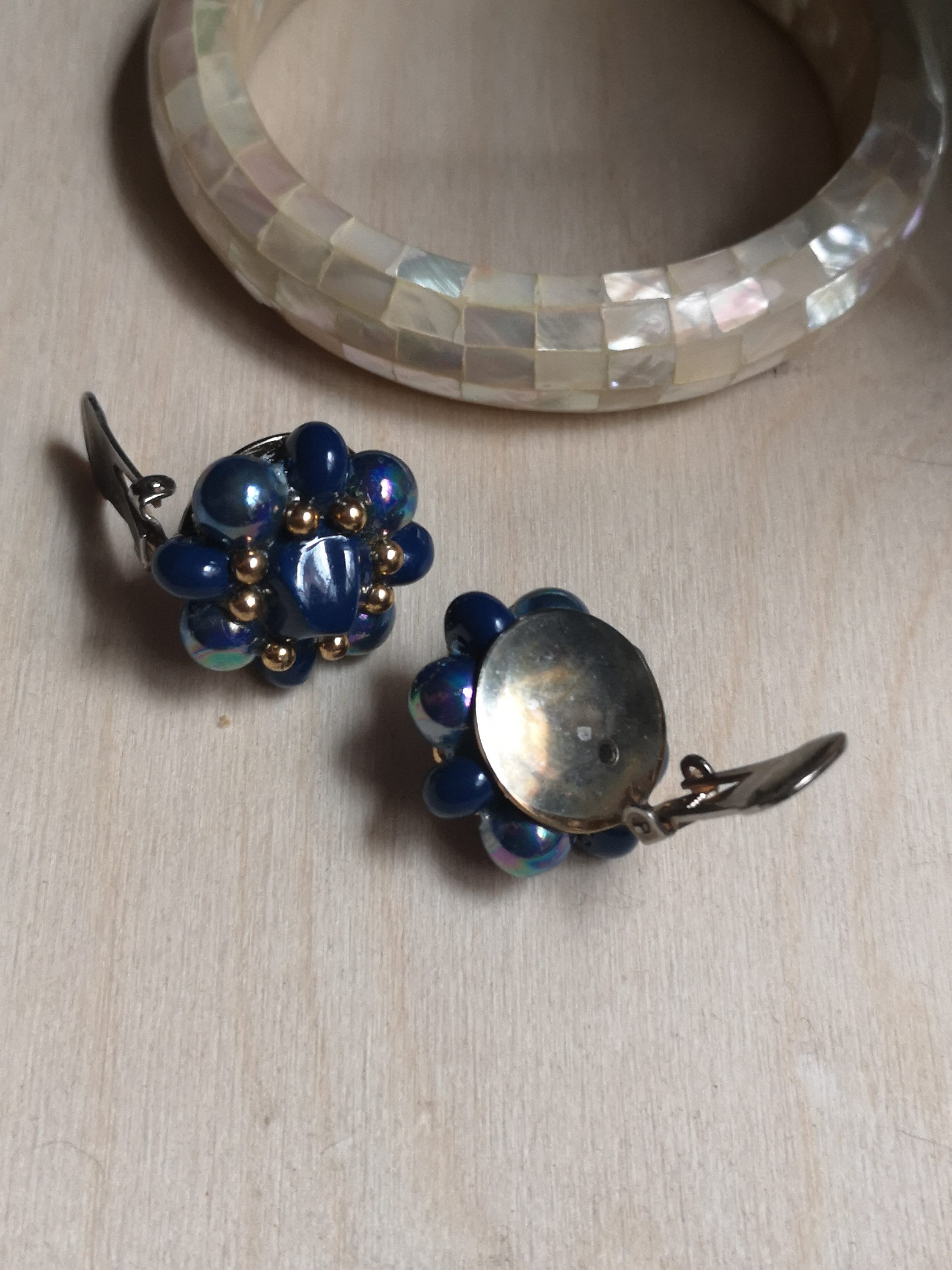 Art Deco Blue Gemstone Flower Clip Earrings Second Hand Montreal
