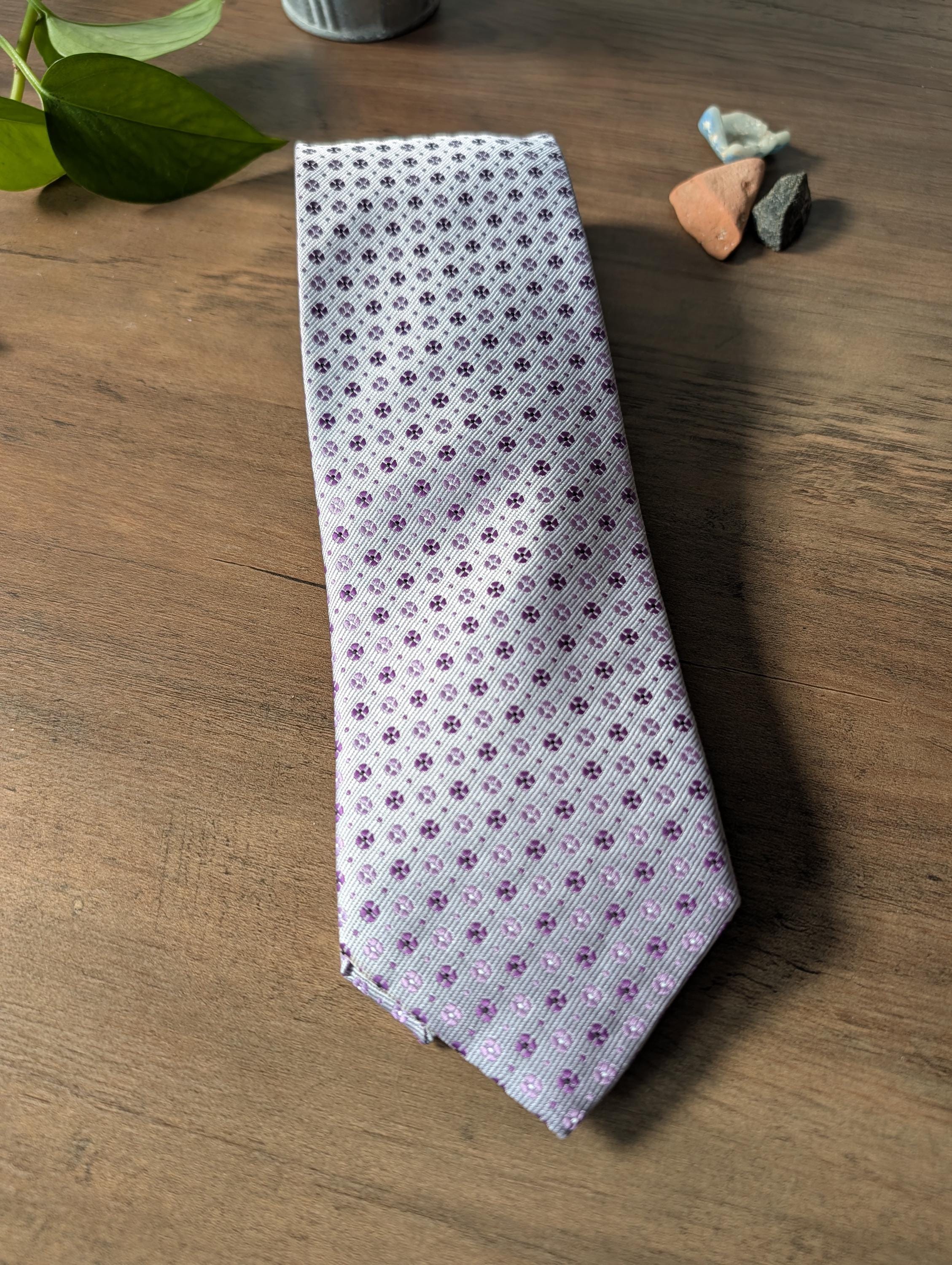 CARDINALLI Microfiber Tie | Purple and Light Gray Geometric Floral