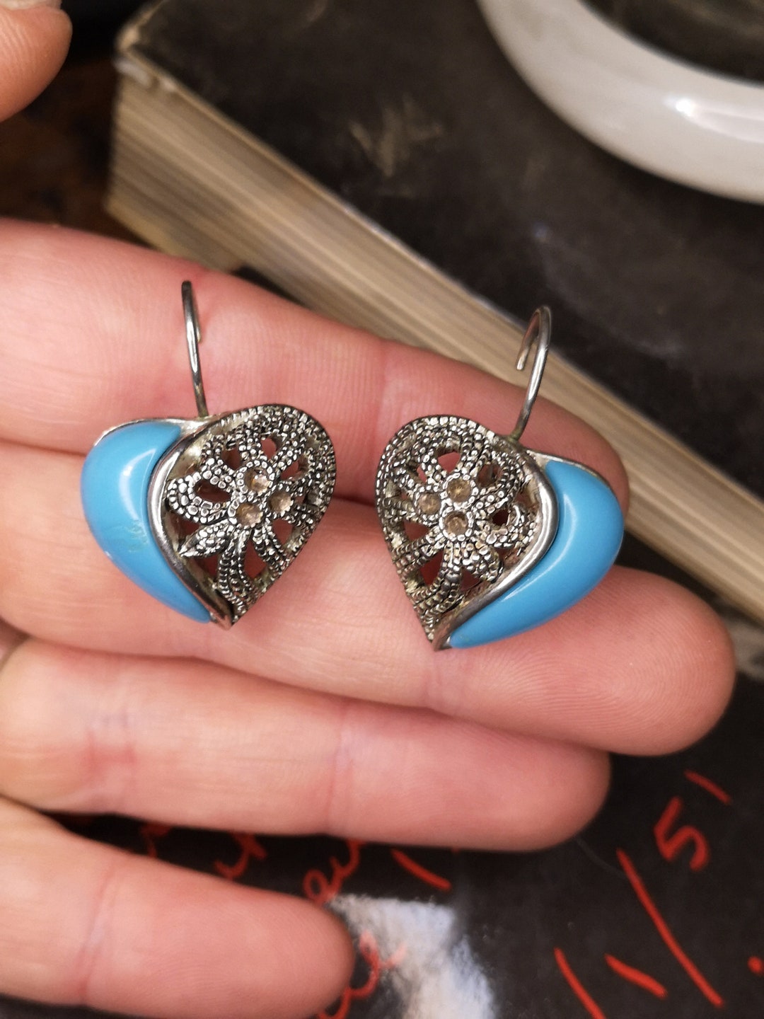 Vintage Studs Earrings Pendant Blue and White Heart Charm Etsy