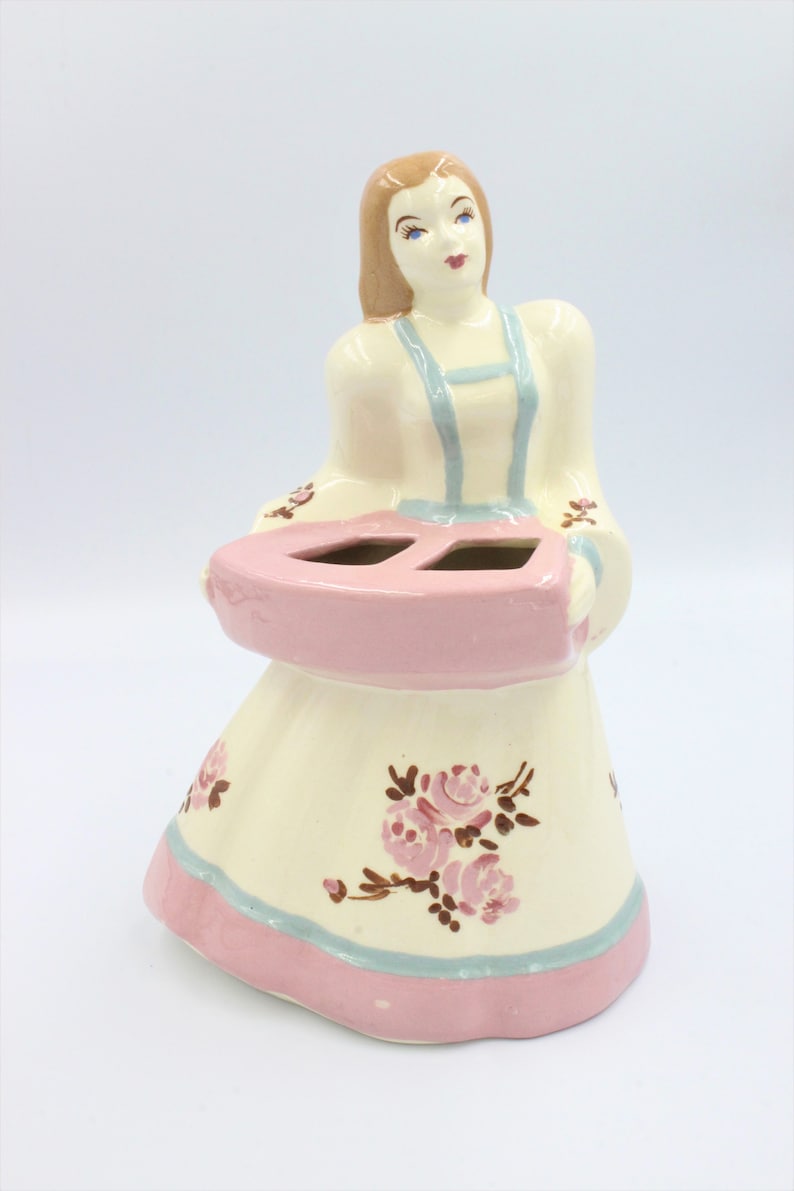 California Pottery Vintage Retro Glazed Large Lady Planter Vase Dress Dutch Colonial Style Pretty Mid Century Handpainted