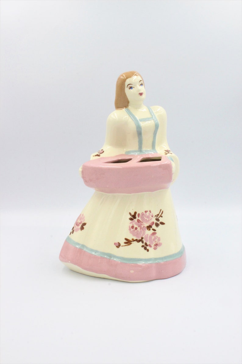 California Pottery Vintage Retro Glazed Large Lady Planter Vase Dress Dutch Colonial Style Pretty Mid Century Handpainted
