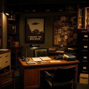 May include: A dark wood desk with a black leather chair and a framed poster that says "I Want to Believe" with a UFO in the background. There are stacks of papers and a lamp on the desk.