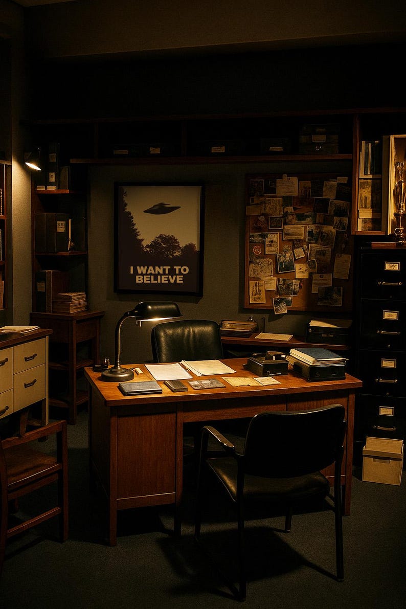 May include: A dark wood desk with a black leather chair and a framed poster that says "I Want to Believe" with a UFO in the background. There are stacks of papers and a lamp on the desk.