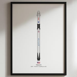 Può includere: Un razzo Falcon 9 bianco e grigio con il logo della NASA e il testo SpaceX. Il razzo è in una stampa incorniciata con il testo "Falcon 9 2010 - Present | 22.800 kg to LEO" e una piccola bandiera americana.