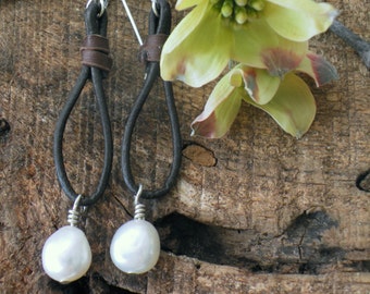 Leather Earrings, Leather and Pearl Earrings, Sundance Style, Leather Hoops