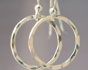 Small Silver Hoop Earrings, Hammered Hoop Earrings, Silver Hoops, Silver Dangles