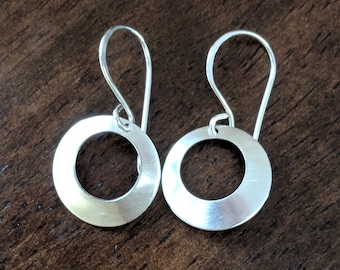 Hoop Earrings, Sterling Silver Hoops, Silver Drop Hoop Earrings, Disc Earrings