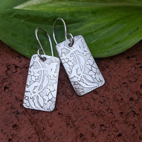 Silver Rectangle Earrings, Art Nouveau Earrings, Delicate Floral Earrings, Vine Earrings, Everyday Earrings