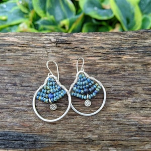 Beaded Hoop Earrings, Boho Beaded Hoops, Blue Earrings