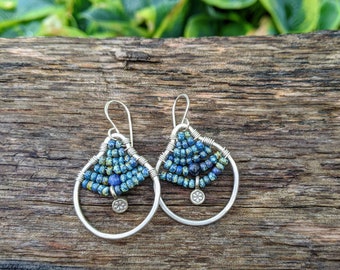 Beaded Hoop Earrings, Boho Beaded Hoops, Blue Earrings