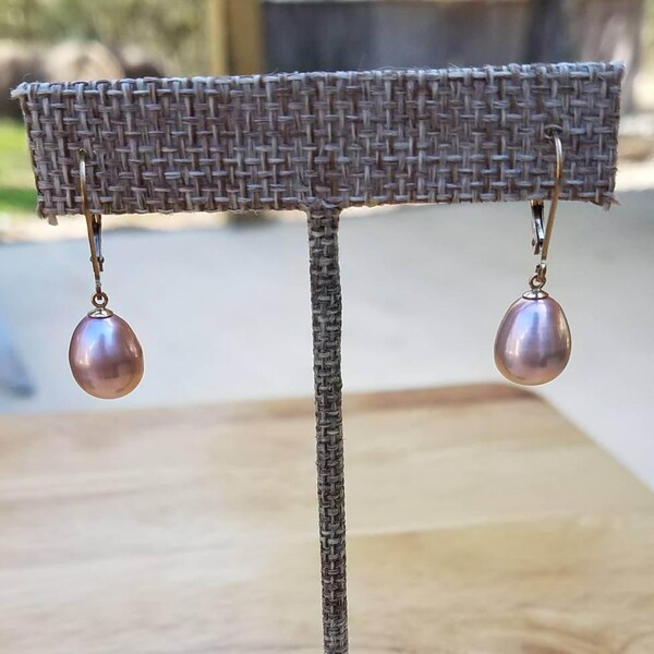 9mm Metallic Pink Freshwater Pearl Gold Over Silver Leverback Earrings