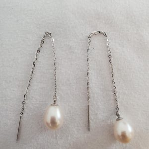 White Drop Shape Freshwater Pearl Sterling Silver Threader Earrings
