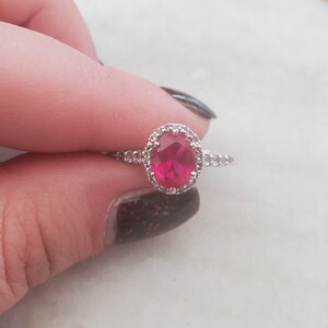 Lab Ruby and White Topaz Sterling Silver Halo Ring Size 7