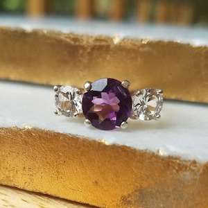 Amethyst & White Topaz Sterling Silver Three Stone Ring Size 6.5
