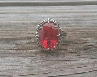 Lab Ruby Sterling Silver Filigree Ring Size 7, 8, or 9 - 16x12mm Oval
