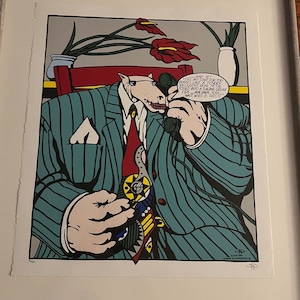 May include: A colorful illustration of a cartoon animal wearing a suit and tie, holding a phone to its ear. The animal has a pink nose and a green suit with a red tie. The background is a light gray with a vase of red flowers. The text in the speech bubble says "I  try my  best for you,  but like a  tender succulent rose petal  poised in a  raging grease fire,  I  am  now,  I  am  now,  I  am  now... WAIT, WHO IS THIS??"