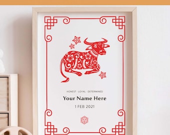 Jaar van de os kunst, gepersonaliseerde naamafdruk, maannieuwjaar, Chinese dierenriem, horoscoop kunst, verjaardagscadeau, slaapkamerkunst, thuis afdrukken