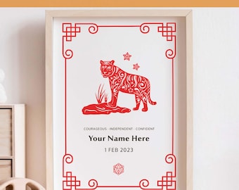 Year of the Tiger Art, Personalised Name Print, Lunar New Year, Chinese Zodiac, Horoscope Art, Birthday Gift, Bedroom Art, Print At Home