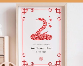Year of the Snake Art, Personalised Name Print, Lunar New Year, Chinese Zodiac, Horoscope Art, Birthday Gift, Bedroom Art, Print At Home