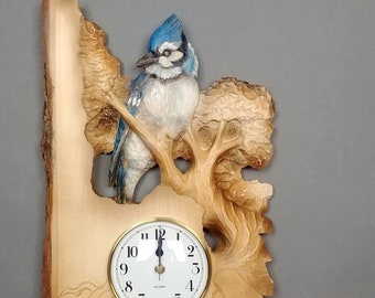 Wooden Blue Jay Hand Carved Realistically, Gift With Romantic Paysage, Modern Cottage Deco Bird Art, Best Unique Gift, Nature Fulfillment