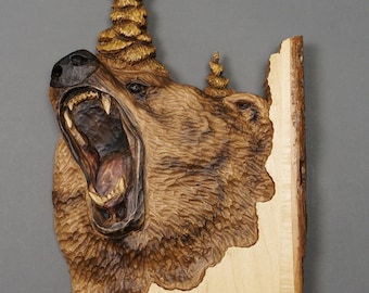 Grizzly bear carving  Wood Carving with Bark Hand Made Gift Wall Hanging for a hunt lovers Rustic OOAK Gift for Hunter Cabin Deco by Davydov