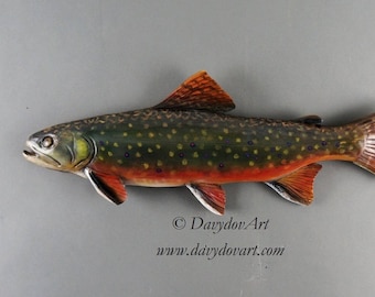 Wood Carved Fish Brook Trout carved Fishing Gift  by Vladimir Davydov Gift for Fisherman Wood Carving Wooden Sculpture Wall Art OOAK Carving