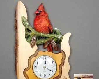 Wooden Realistic Red Cardinal with Clock, Gift Hand Carved Bird for Cottage, Unique Modern Art with Natural Bark, Environment Focused Energy