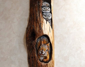 Wooden Gift of Animals in Nature, Deco for All, Unique Handmade Wall Art, Birds Carved With Bark, Realistic Squirrel, Red Cardinals love