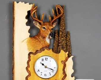 Deer Hand Carved in Wood with Clock, Unique Deco Wall Art Time, Rustic Cottage with Bark, For Animal and Nature Lovers, Fun Object for Kids