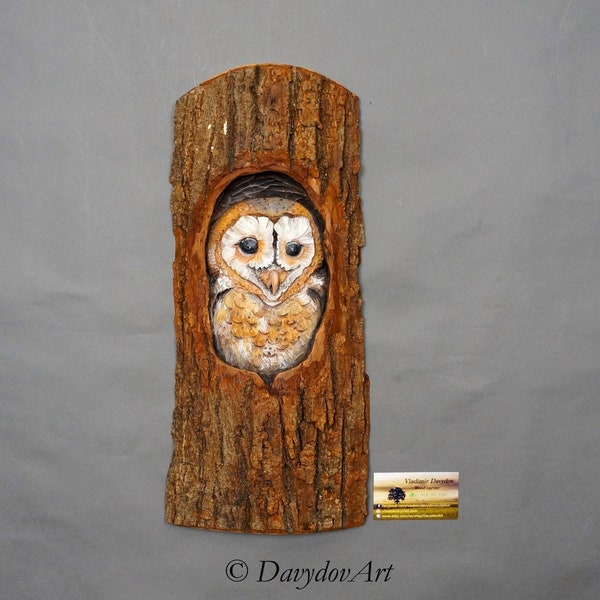 Anniversary Gift Owl, Carved on Wood, Gift For kid with Bark, Hand Made Unique Wall Hanging Art, For Bird Lovers, Hunter Cabin Decoration