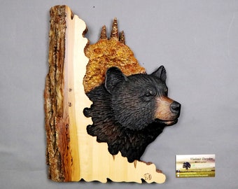 Black Bear,Wooden Carving,Handmade,Rustic Paysage,Unique Gift,Wall Art with Bark,Colorful Trees,Realistic Animals,Wild Nature,Cottage Decor