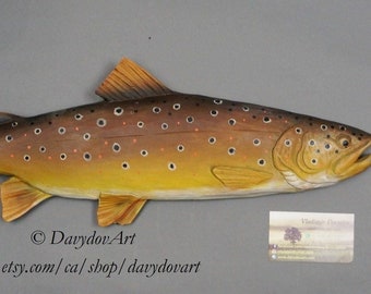 Brown Trout Hand Carved Fish, Fishing Gift by DavydovArt Gift for Fisherman,  Wooden Sculpture Wall Art Brown Black, Rustic Modern Cottage