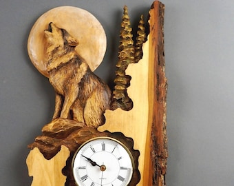 Wolf Carved on Wood,Wood Carving with Bark,Hand Made Gift,Wall Hanging clock,White and brown,Rustic OOAK Gift for a Hunter,Cabin Decoration