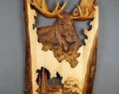 Moose Carved on Wood Wood Carving with Bark Hand Made Gift Wall Hanging for the Moose lovers Rustic OOAK Gift for a Hunter Cabin Decoration