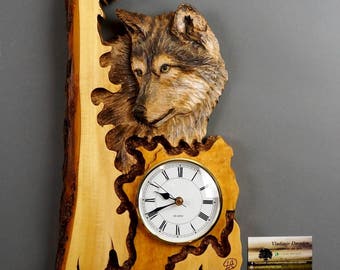 Wolf Hand Carved on Wood, Carving with Bark Hand Made Gift Wall Hanging Clock for Wolves lovers, Rustic OOAK Gift for a Hunter Cabin Deco