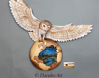 Wall Art Big White Wooden Owl Hand Carved with Bark, Planet Earth Nature, Powerful Wild Unique Deco, Rustic Season Paysage, Realistic Birds