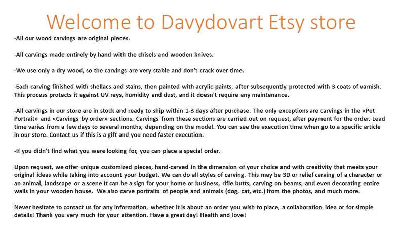 Puede incluir: Bienvenido a la tienda Etsy de Davydovart. Todas las tallas de madera son piezas originales, hechas completamente a mano con cinceles y cuchillos de madera. Las tallas est&aacute;n acabadas con goma laca, manchas y pinturas acr&iacute;licas, y protegidas con barniz. Las tallas est&aacute;n en stock y listas para enviarse en un plazo de 1 a 3 d&iacute;as despu&eacute;s de la compra.