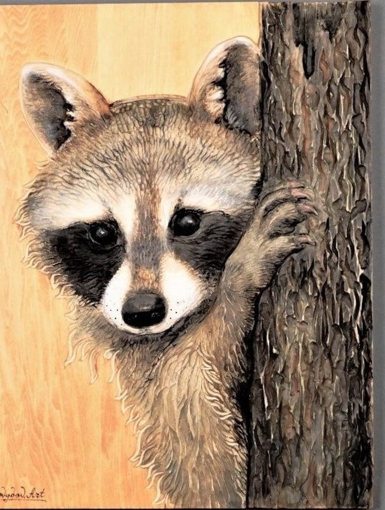 Grand Raccoon Portrait Hand Carved on Wood,Detailed Nature Relief Wall Art,Unique Modern Decoration Gift,Great Wildlife Realistic Animals image 3