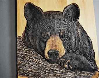 Black Bear Portrait,Hand Carved on Wood,Detailed Nature Relief Wall Art,Unique Modern Decoration, Hand made Gift,Wildlife Realistic Animals