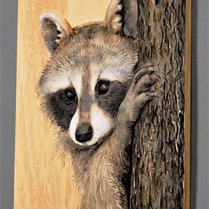 Grand Raccoon Portrait Hand Carved on Wood,Detailed Nature Relief Wall Art,Unique Modern Decoration Gift,Great Wildlife Realistic Animals image 6